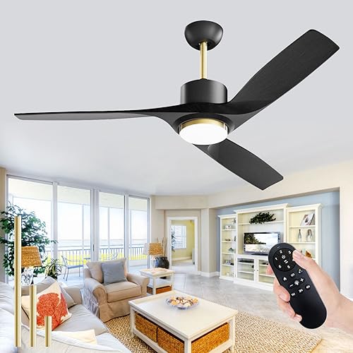 52 Inch Black Ceiling Fans with Lights Remote Control, Modern Large Outdoor Ceiling Fan with Dimmable LED Light, Reversible DC Motor, High CFM Outdoor Solid Wood Ceiling Fans for Patios Gazebo Bedroom
