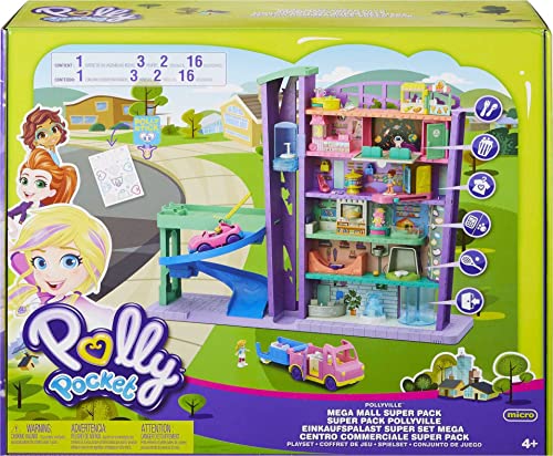 Polly Pocket Dolls and Playset, Mega Mall with 3 Micro Dolls, Toy Car and Accessories, 6 Floors and Elevator, Toys for Kids (Amazon Exclusive)