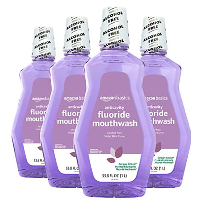 Amazon Basics Anticavity Fluoride Mouthwash, Alcohol Free, Violet Mint, 1 Liter, 33.8 Fluid Ounces, 4-Pack (Previously Solimo)