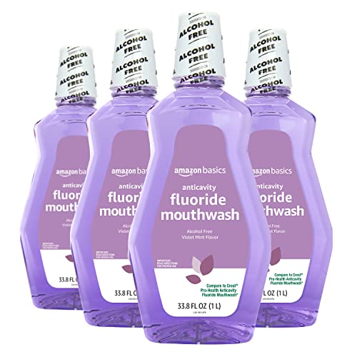 Amazon Basics Anticavity Fluoride Mouthwash, Alcohol Free, Violet Mint, 1 Liter, 33.8 Fluid Ounces, 4-Pack (Previously Solimo)