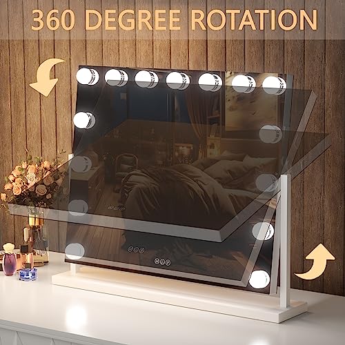 Hasipu Vanity Mirror with Lights, 22" x 18" Hollywood Lighted Makeup Mirror with 15 Dimmable Bulbs, 10X Magnification and USB Charging Port, Smart Touch 3 Colors Dimmable, 360° Rotation (Square)
