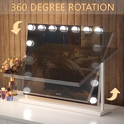 Hasipu Vanity Mirror with Lights, 22" x 18" Hollywood Lighted Makeup Mirror with 15 Dimmable Bulbs, 10X Magnification and USB Charging Port, Smart Touch 3 Colors Dimmable, 360° Rotation (Square)
