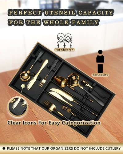 Hitseon Silverware Drawer Organizer, 4 Slots Silicone Natural Bamboo Utensil Organizer for Kitchen Drawer Countertop, Durable Sturdy Silverware Tray with Grooves for Kids Adults Flatware (Gray)