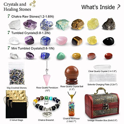 Healing Crystals Set, 28 Pcs Real Crystals and Healing Stones Kit, Energy Crystals for Beginners Meditation Yoga, 14 Natural Tumbled Crystals and 7 Raw Chakra Stones, Crystal Ball, Pendulum, Selenite