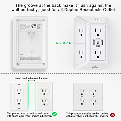 Multi Plug Outlet Surge Protector - POWRUI 6 Outlet Extender with 3 USB Ports (1 USB C) and Night Light, 3-Sided Power Strip with Adapter Spaced Outlets - White，ETL Listed