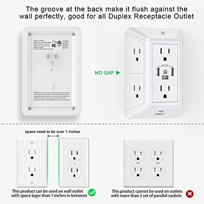 Multi Plug Outlet Surge Protector - POWRUI 6 Outlet Extender with 3 USB Ports (1 USB C) and Night Light, 3-Sided Power Strip with Adapter Spaced Outlets - White，ETL Listed