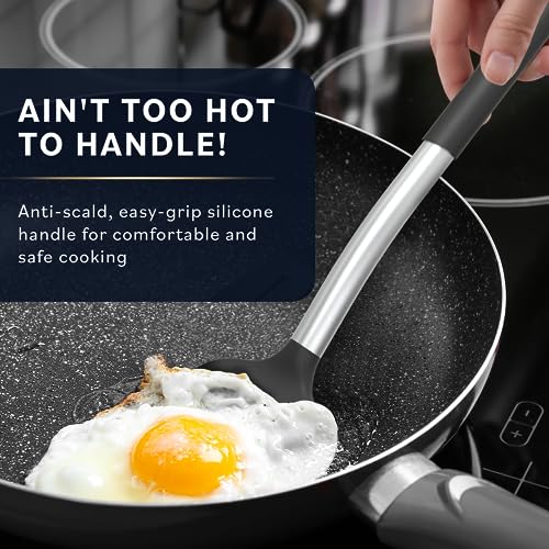 Home Hero 2 Pcs Kitchen Utensils Set - Heat Resistant Stainless Steel & Silicone Spatula - Spatula Set for Nonstick Cookware - Slotted & Solid Spatula Set for Kitchen Use - (2Pcs - Black)