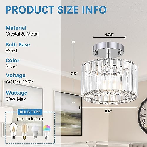 Ledshaoyue Modern Chandelier Crystal Ceiling Light Fixture, Small Semi Flush Mount Ceiling Light, Modern Hallway Light Fixtures Close to Ceiling Light for Entryway Kitchen Bathroom Porch