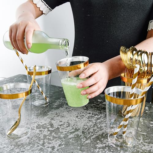 250 Count Gold Disposable Plastic Dinnerware Set, 50 Gold Plastic Plates, 25 Plastic Silverware, 25 Gold Cups and Straws, 50 Napkins, Perfect for Wedding Party