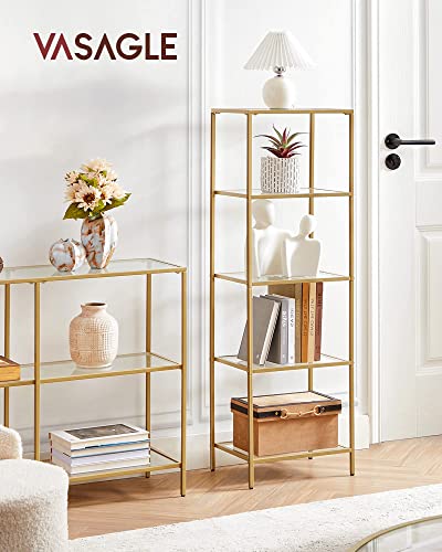 VASAGLE Bookcase, 5-Tier Bookshelf, Slim Shelving Unit for Bedroom, Bathroom, Home Office, Tempered Glass, Steel Frame, Metallic Gold ULGT029A01