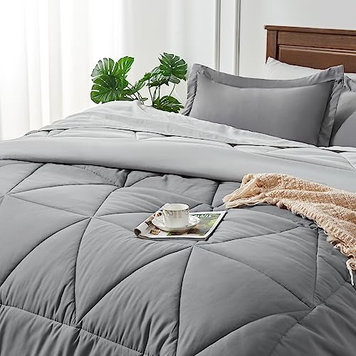 BEDELITE Queen Comforter Set 7 Pieces Bed in A Bag - Soft Microfiber Reversible Grey Bed Set with Comforters, Sheets, Pillowcases & Shams, Cozy Luxury Bedding Sets for All Season