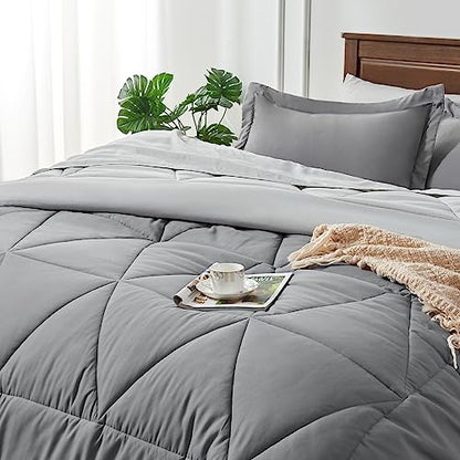 BEDELITE Queen Comforter Set 7 Pieces Bed in A Bag - Soft Microfiber Reversible Grey Bed Set with Comforters, Sheets, Pillowcases & Shams, Cozy Luxury Bedding Sets for All Season
