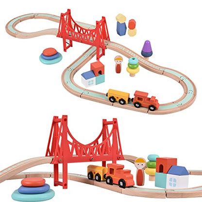 Giant bean Sky City Wooden Train Set for Boys Girls 1 2 3 4, 42 PCS Train Track Set, Railway with Stacking Rings & Rocks Train Accessories, Fits Brio, Melissa & Doug, Thomas and Friends