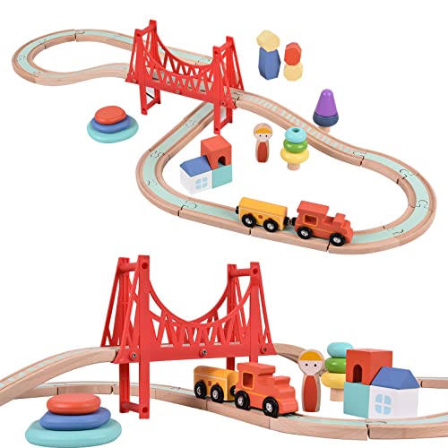 Giant bean Sky City Wooden Train Set for Boys Girls 1 2 3 4, 42 PCS Train Track Set, Railway with Stacking Rings & Rocks Train Accessories, Fits Brio, Melissa & Doug, Thomas and Friends