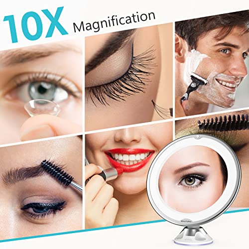BEAUTURAL Updated 10x Magnifying Makeup Mirror with Powerful Locking Suction Cup, Lighted Vanity Mirror Bathroom Mirror with LED Lights, Portable Wall Mounted Mirror for Home, Travel
