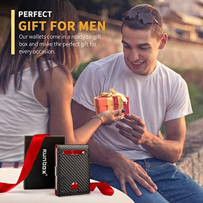 RUNBOX Red Wallet for Men Slim with 11 Credit Card Slots Leather Money Clip RFID Blocking Thin Men's Wallet Bifold Minimalist Front Pocket Large Capacity with Gift Box Carbon