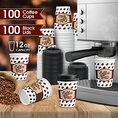 Ginkgo Coffee Cups with Lids 12 oz, 92 Pack Disposable To Go Coffee Cups for Cappuccino, Hot Beverages, Coffee, Cocoa, Chocolate - Coffee Time