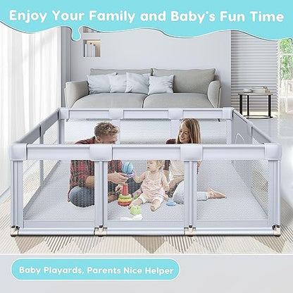 Fshibila 74" ×50" Large Baby Playpen, Baby Playard for Babies and Toddlers, Baby Fence Play Pens for Indoor & Outdoor, Sturdy Safety Play Yard with Soft Breathable Mesh, Anti-Fall, Grey