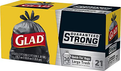 Glad Large Quick-Tie Trash Bags - Extra Strong 30 Gallon Black Trash Bag - 21 Count