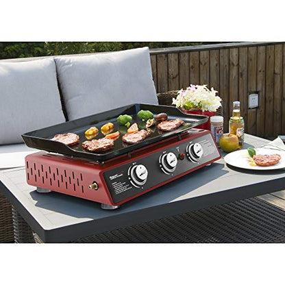 Royal Gourmet PD1301R Portable 24-Inch 3-Burner Table Top Gas Grill Griddle with Cover, 25,500 BTUs, Outdoor Cooking Camping or Tailgating, Red