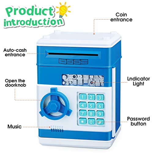 MAGIBX Piggy Bank Toys for 4 5 6 7 8 Year Old Boys Gift Ideas, Real Money Saving Box for Boys Toys Age 6-8-10, Christmas Birthday Gifts for 4 5 Year Old Boys ATM Machine for Kids 3-5, Blue Stuff