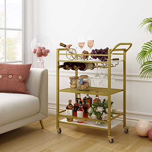 Tajsoon 3-Tier Bar Cart, Mobile Bar Serving Cart, Industrial Style Wine Cart for Kitchen, Beverage Cart with Wine Rack and Glass Holder, Rolling Drink Trolley for Living Room, Gold & White