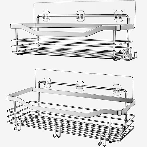 Orimade Shower Caddy Basket Shelf with 5 Hooks Adhesive Organizer Storage Rack Rustproof Wall Mounted Stainless Steel No Drilling for Bathroom, Toilet, Kitchen - 2 Pack