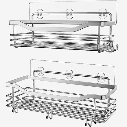 Orimade Shower Caddy Basket Shelf with 5 Hooks Adhesive Organizer Storage Rack Rustproof Wall Mounted Stainless Steel No Drilling for Bathroom, Toilet, Kitchen - 2 Pack