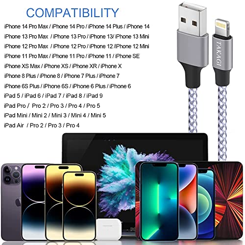 TAKAGI [Apple MFi Certified] iPhone Charger, Lightning Cable 3PACK 6FT Nylon Braided USB Charging Cable High Speed Transfer Cord Compatible with iPhone 14/13/12/11 Pro Max/XS MAX/XR/XS/X/8/iPad