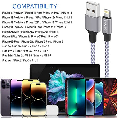 TAKAGI [Apple MFi Certified] iPhone Charger, Lightning Cable 3PACK 6FT Nylon Braided USB Charging Cable High Speed Transfer Cord Compatible with iPhone 14/13/12/11 Pro Max/XS MAX/XR/XS/X/8/iPad