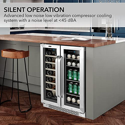 Whynter BWB-2060FDSa 24″ Built-in French Door 20 Bottle Wine Refrigerator 60 Can Beverage Center, 30" Wide Dual Zone, Stainless Steel