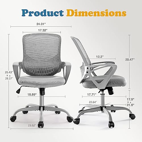 Ergonomic Office Chair - Home Desk Mesh Chair with Fixed Armrest, Executive Computer Chair with Soft Foam Seat Cushion and Lumbar Support, Grey