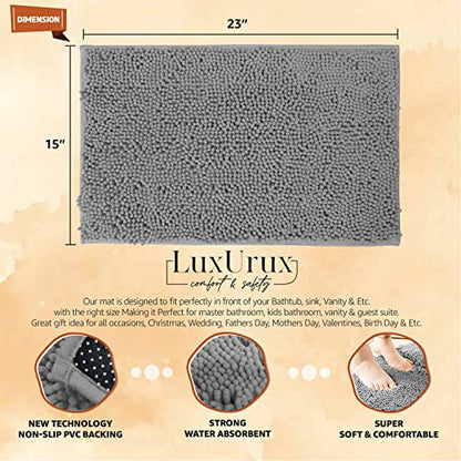 LuxUrux Bath Mat, Extra-Soft Plush Non-Slip Bathroom Rug, Luxury Chenille Microfiber Material, Super Absorbent Shaggy Bath Rug. Machine Wash & Dry (17 x 24, Light Grey)