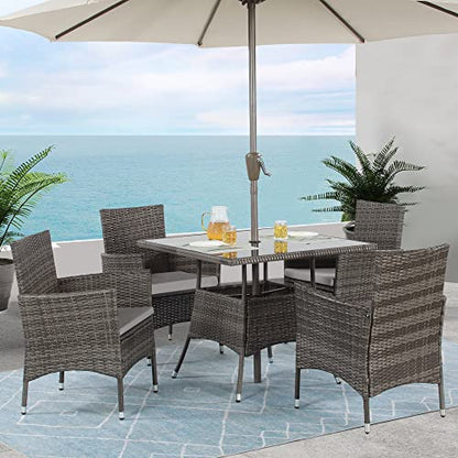 Wisteria Lane Outdoor Furniture 5-Piece Wicker Patio Dining Table and Chair Set,Square Tempered Glass Table Top with Umbrella Hole for Backyard,Grey