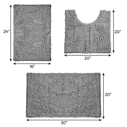 Bathroom Rugs Sets 3 Piece, Includes U-Shaped Contour Toilet Mat, 20 x 30'' and 16 24'' Bath Non-Slip Shaggy Gray Mats Sets, Machine Washable, Light Grey