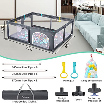 LFCREATOR Baby Playpen,71” x 60” Extra Large Playpen for Babies and Toddlers with Soft Breathable Mesh,Sturdy Safety Baby Fence Play Area with Gate,Safety Play Center Yard for Indoor&Outdoor, Grey
