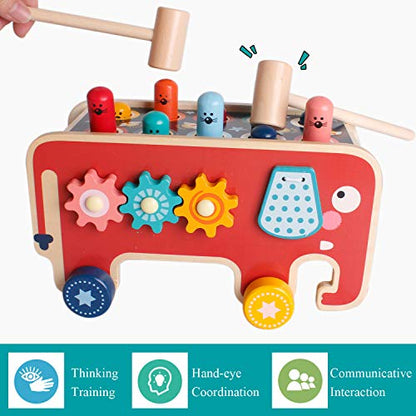 SHIERDU Whack a Mole Game for Toddlers, Wooden Educational Toy for Hammering, Pounding, Hitting and Pull Along, Xylophone, Elephant, Gopher, Mouse and Hamster, Gift for 3+ Years Boys and Girls (Dds-1)
