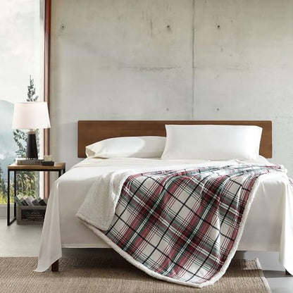 Eddie Bauer - Throw Blanket, Cotton Flannel Home Decor, All Season Reversible Sherpa Bedding (Montlake Plaid Red, Throw)