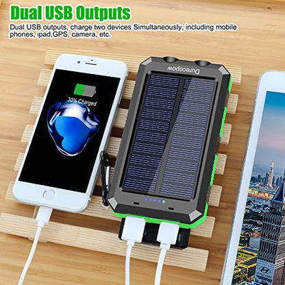 Durecopow Solar Charger, 20000mAh Portable Outdoor Waterproof Solar Power Bank, Camping External Backup Battery Pack Dual 5V USB Ports Output, 2 Led Light Flashlight with Compass (Green)