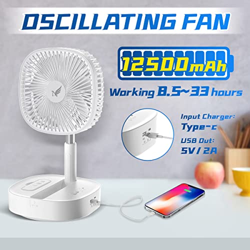 Nenkoo Battery Operated Fan, 8" Portable Oscillating Travel Fan 12500mAh with 4 Speed Timing Remote Control, White Desk Fan, Table Fan Adjustable Height 14.6"-40.2", Retractable Fan Travel Cruise