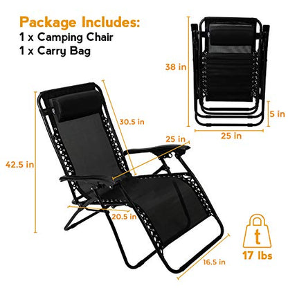 Pacific Pass Folding Zero Gravity Reclining Chair w/ Built-In Headrest - Durable Construction - Black