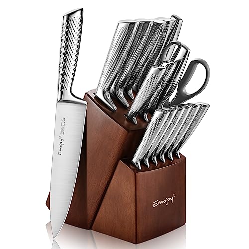 Knife Set, Emojoy 16-Piece Kitchen Knife Set with Block Wooden Carving Fork, Ripple German Stainless Steel Knife Block Set, Hollow Handle for Chef Knife Set with Sharpener and Scissors