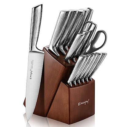 Knife Set, Emojoy 16-Piece Kitchen Knife Set with Block Wooden Carving Fork, Ripple German Stainless Steel Knife Block Set, Hollow Handle for Chef Knife Set with Sharpener and Scissors