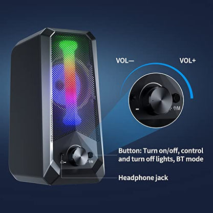 Bobtot Computer Speakers HiFi Stereo Sound - 2.0 Channel RGB Desktop Speakers PC Speaker with Bluetooth Volume Control USB Powered 3.5mm AUX-in Audio System