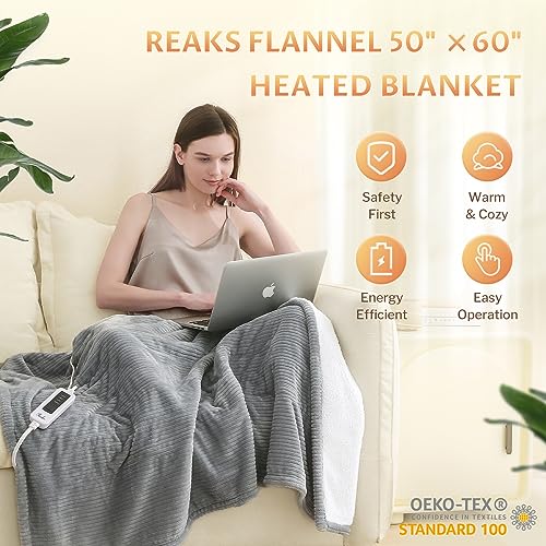 Reaks Heated Electric Blanket Throw - 50" x 60" Heating Blanket with 4 Fast Heating Levels & 3 Hours Auto Off, Soft Warm Flannel Sherpa Blankets for Home Office, ETL&FCC Certification, Light Grey