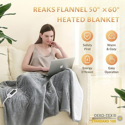 Reaks Heated Electric Blanket Throw - 50" x 60" Heating Blanket with 4 Fast Heating Levels & 3 Hours Auto Off, Soft Warm Flannel Sherpa Blankets for Home Office, ETL&FCC Certification, Light Grey