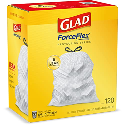 GLAD ForceFlex Tall Drawstring Trash Bags, 13 Gallon White Trash Bags for Tall Kitchen Trash Can, Unscented Leak Protection Bags, 120 Count - Packaging May Vary