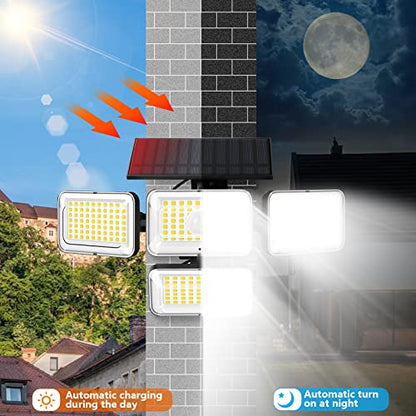 Mokot Solar Outdoor Lights, 288 LED IP65 Waterproof Motion Sensor Outdoor Lights with Remote Control, 4 Heads Solar Flood Wall Lights for Outside Garden Patio Yard - 2Pack
