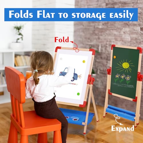 JHTOPJH Art Easel for Kids Magnetic Wooden Double Sided Standing Toddlers Chalkboard - 360°Rotating Easel for Toddler Drawing Christmas Birthday Gift for 2-4 Years 15"x18.9"