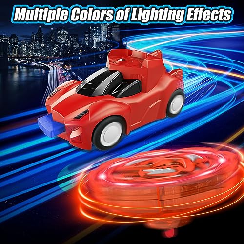 KIZJORYA 4-Pack Toy Racer Car with 4 LED Light Up Flashing Spinning Tops & 4 Flying Tops for Kids, Push & Go Vehicles with Spinner Set, for Boys Girls Toddlers Ages 3 4 5 6 7 8+